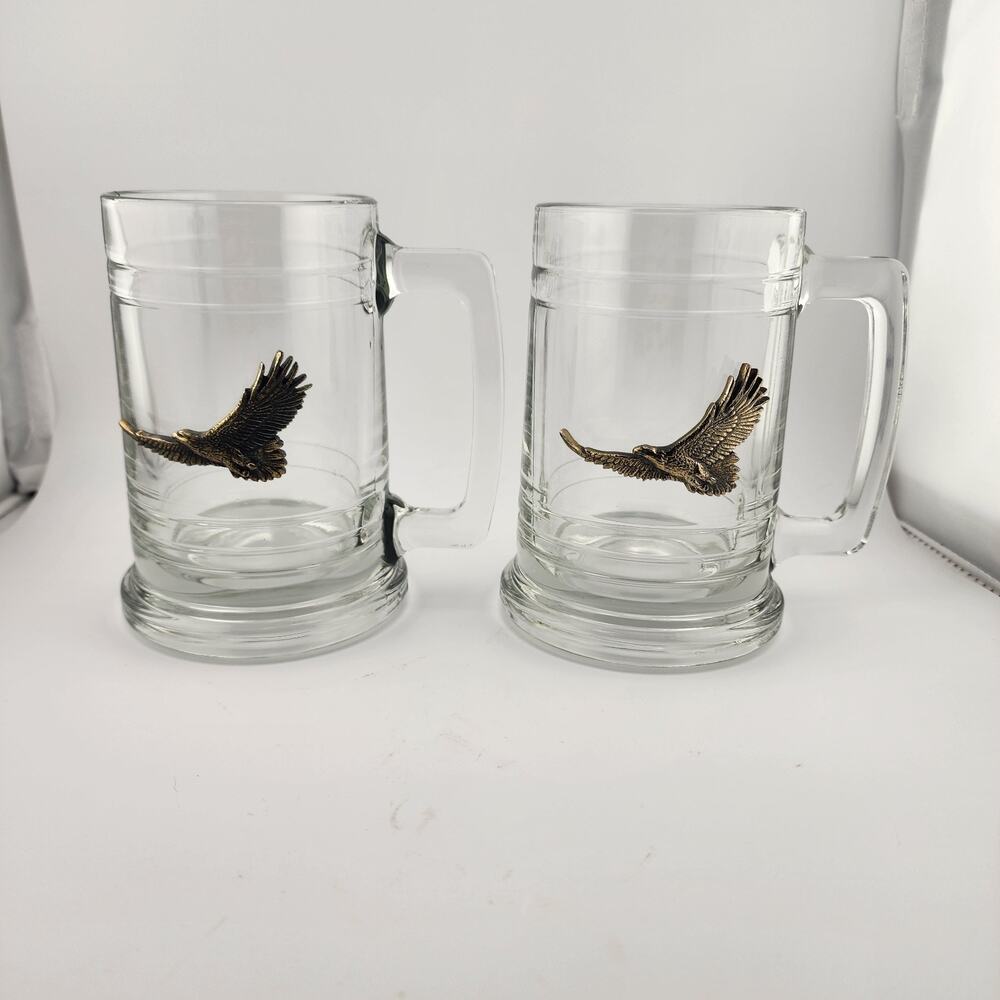 Harvard Beer Mug Stein Heavy Pressed Glass With Applied Metal American Eagle USA